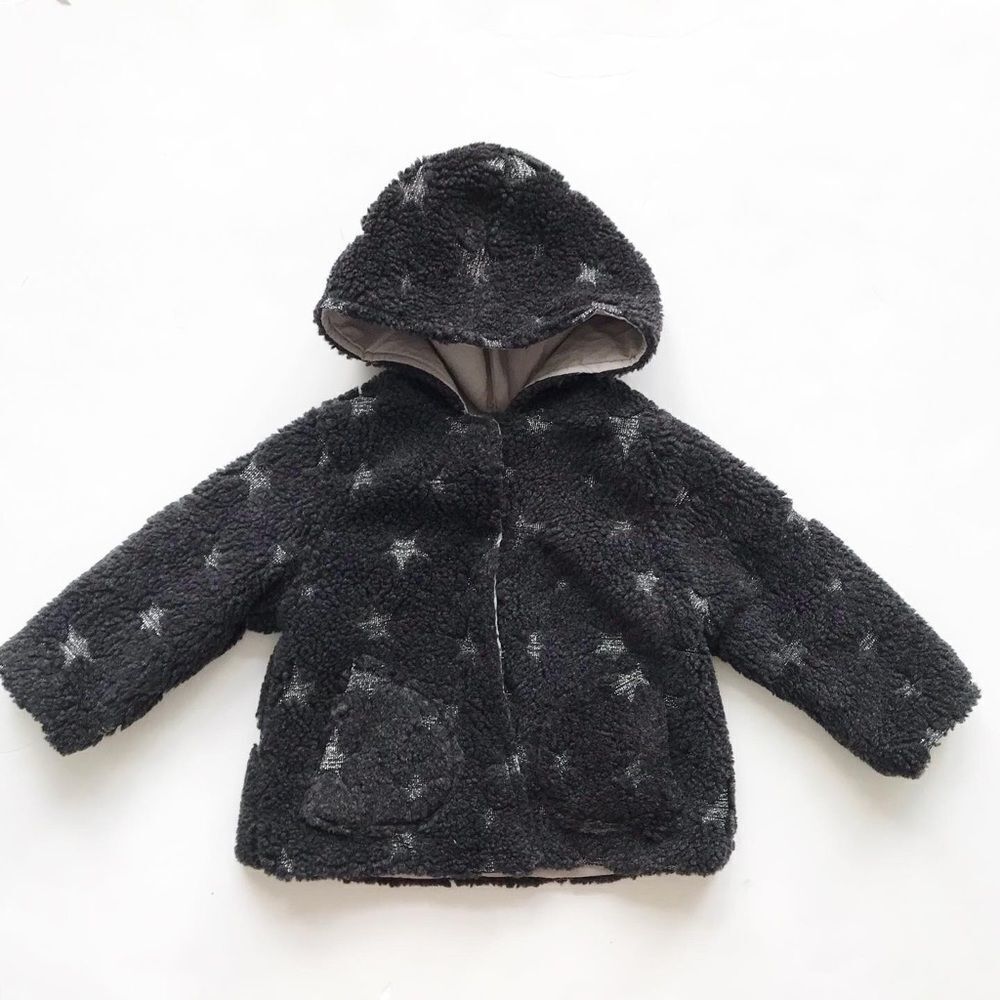 Zara NWT gray Sherpa star hooded jacket 12-18m